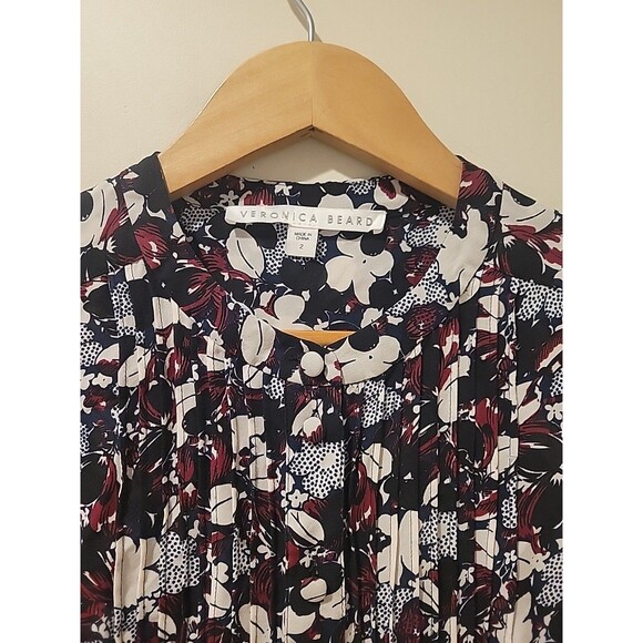 Veronica Beard Goldie Blouse Floral Silk Tuxedo Top Pintuck Popover Career Sz 2 - Picture 2 of 8